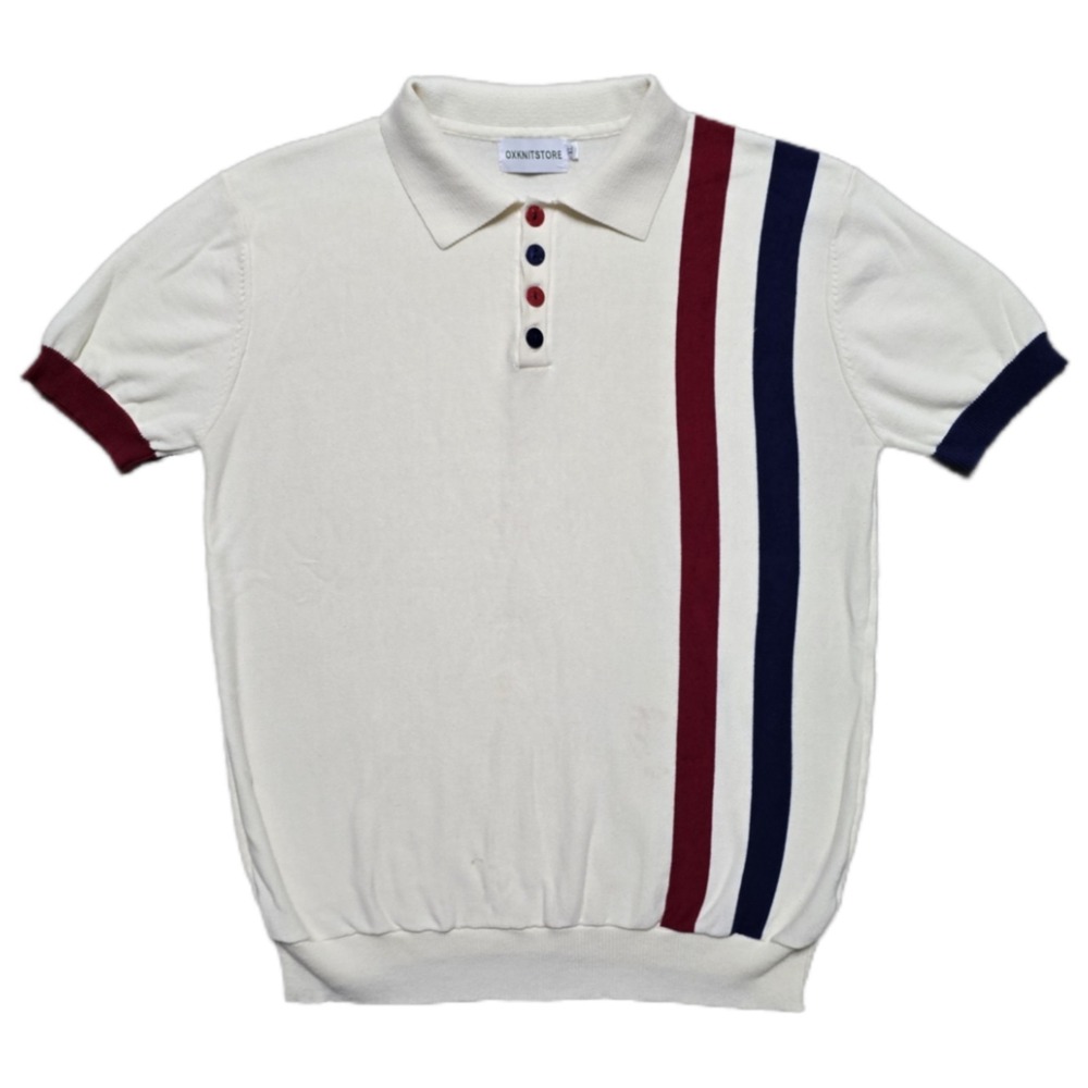 Oxknitstore Polo Shirt Men's XL-L Cream 60s Vertical Stripe 100% Cotton